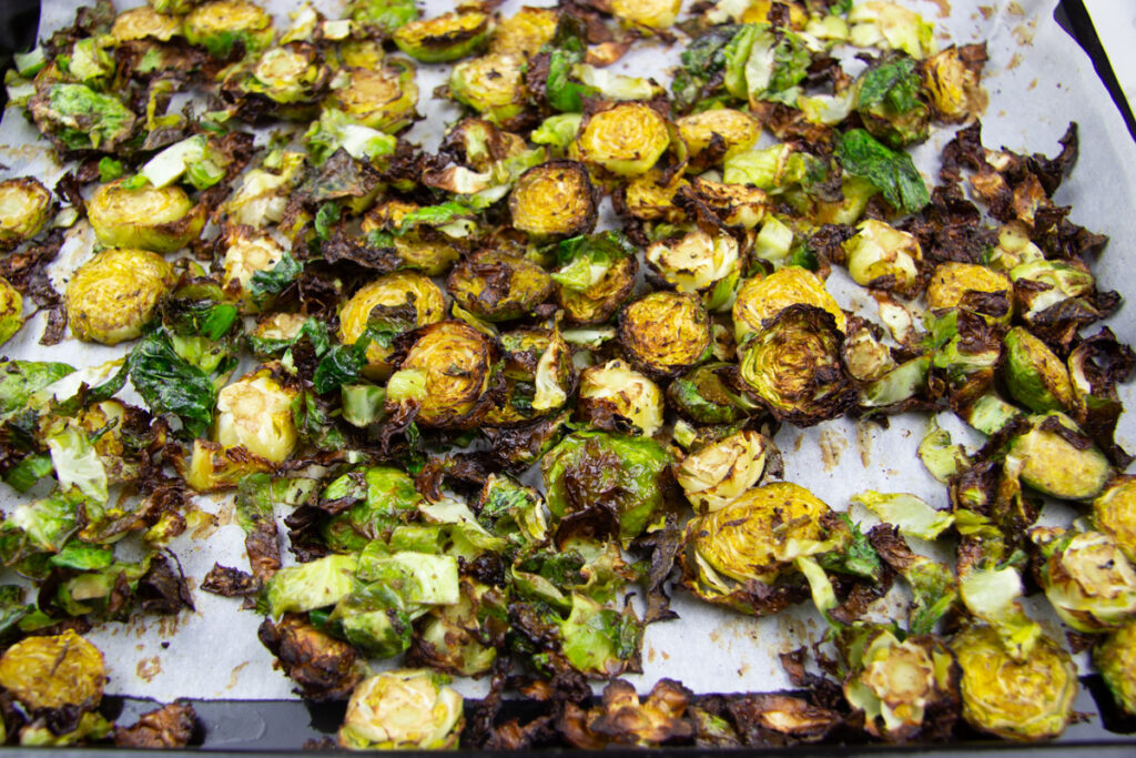 Close up of caramelized Brussels sprouts.