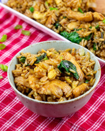 bowl of thai basil chicken fried rice