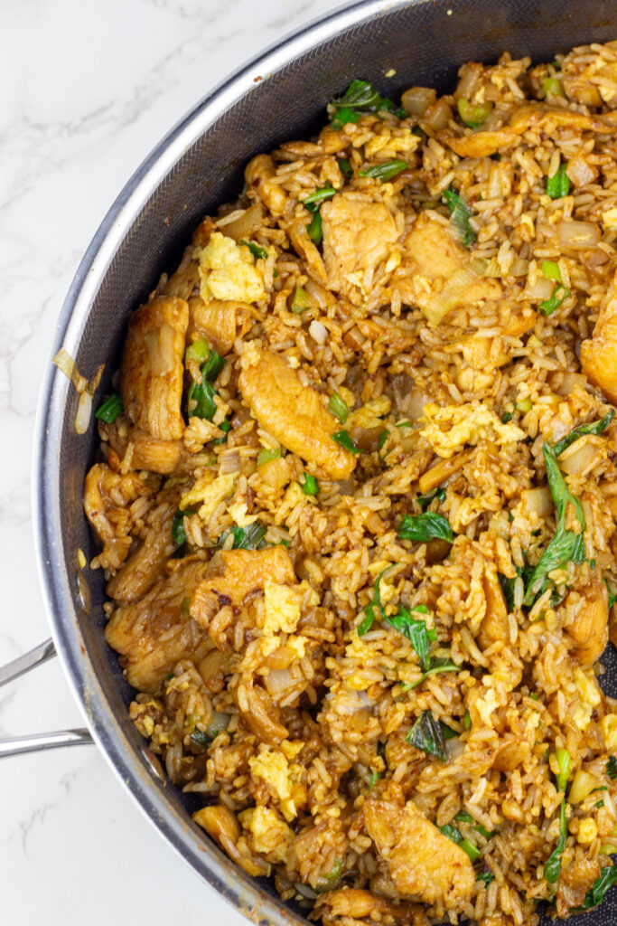 pan of thai basil chicken fried rice